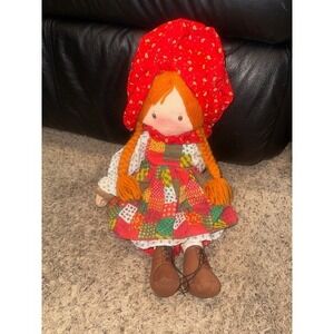 Vintage AmToy Holly Hobbie Style‎ Patchwork Dress Red Bonnet Yarn Hair Doll